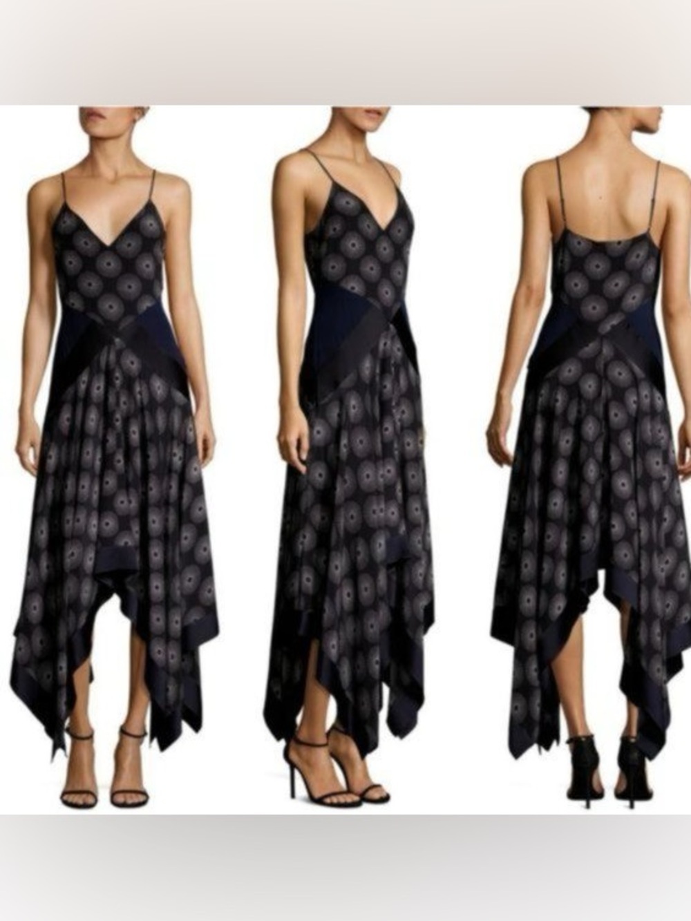 Diane Von Furstenberg Black Patterned Asymmetrical Slip Dress Size 4 100% Silk - Picture 3 of 16